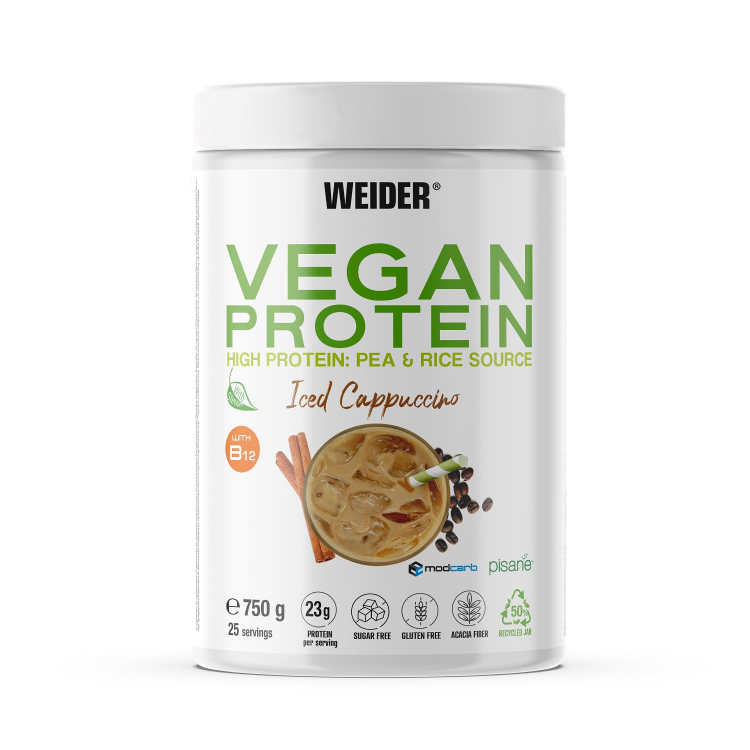 Weider Vegan Protein (750g) Iced Cappuccino Flavour. 23g Protein/dose, Pea Isolate (Pisane) & Rice Protein. with Vitamin B12 & Stevia. Gluten Free, Sugar Free. Packaging 50% Recycled 100% Recyclable