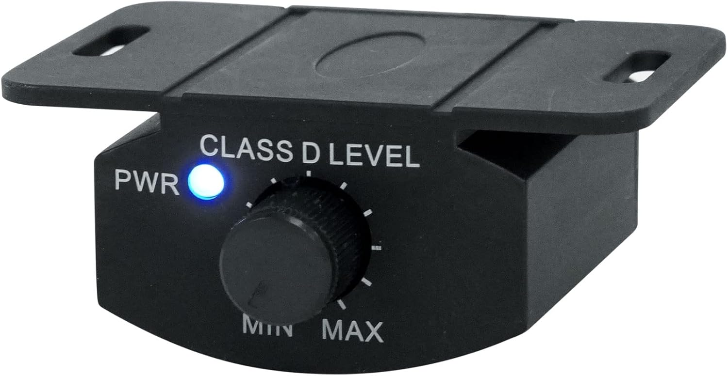 Davant view of the dash mount gain control module with a blue power LED and a rotary knob labeled MIN to MAX.