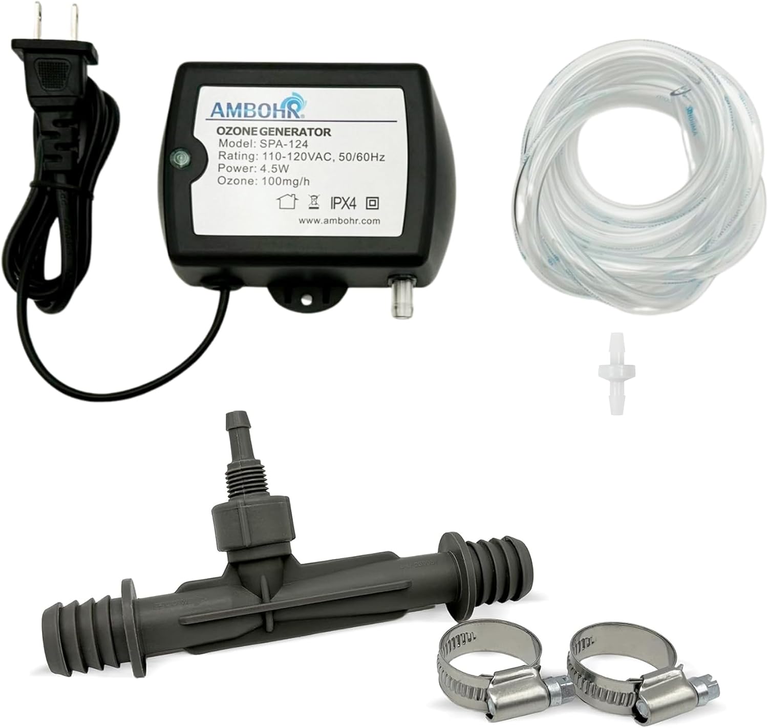 Cold Plunge Ozone Generator Bundle, Ambohr SPA-124 Ozone Generator & Ozone Barbed Venturi Injector for Cold Plunge, Ice Bath and Hot Tubs