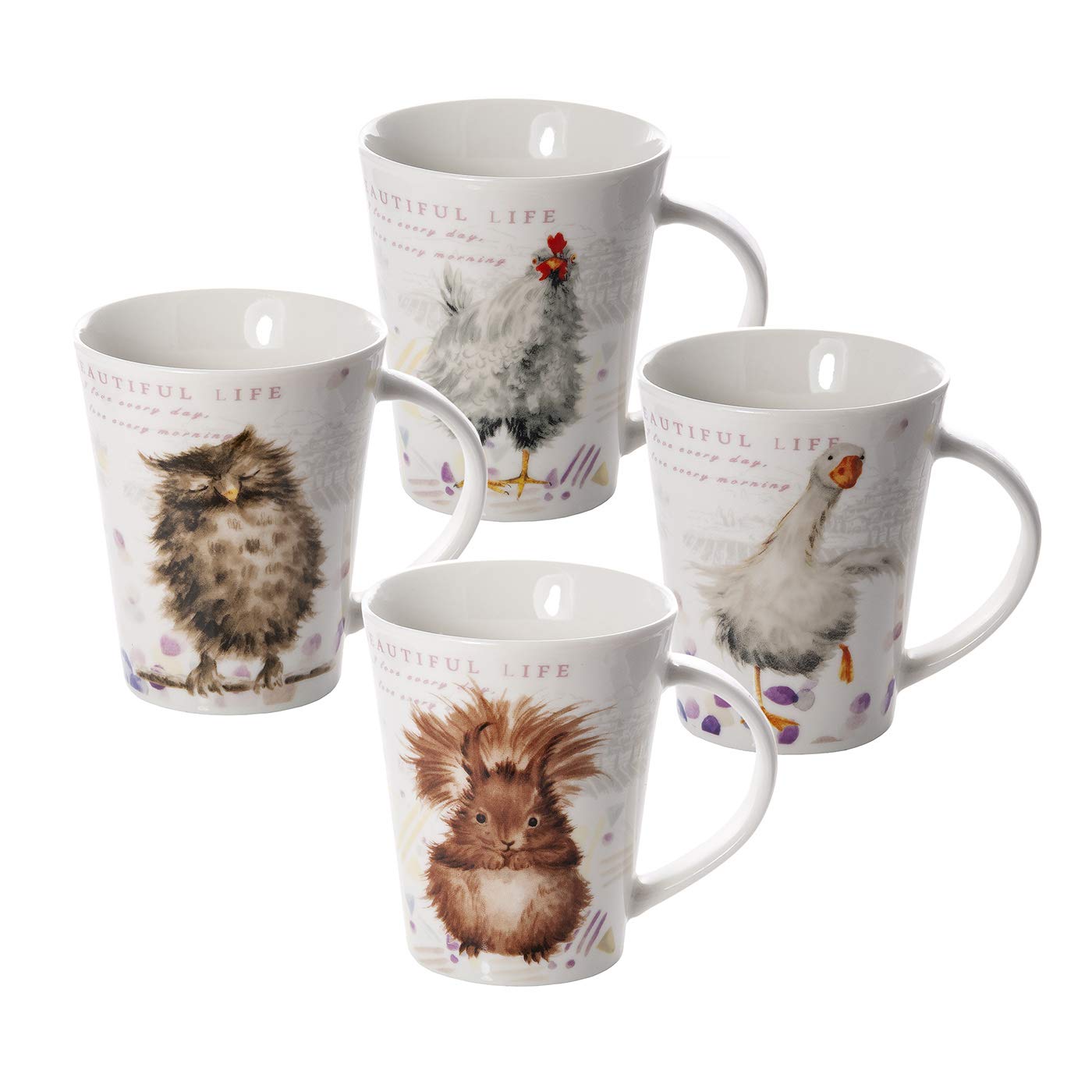 SPOTTED DOG GIFT COMPANYSet of 4 Ceramic Coffee Cups with Squirrel, Owl, Chicken and Goose, Original Gift for Animal Lovers, 360 ml