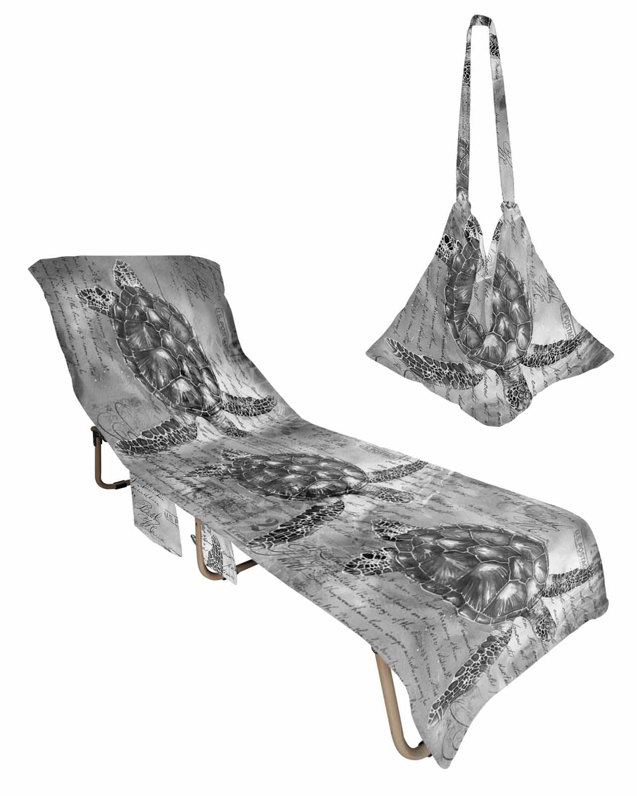 Beach Pool Patio Lounge Chaise Chair Cover Towel with Pockets,Grey Turtle Absorbent & Quick Dry Microfiber Towel Cover Bag Summer Travel Accessories Old World Historical Summer Ocean Sea Animal
