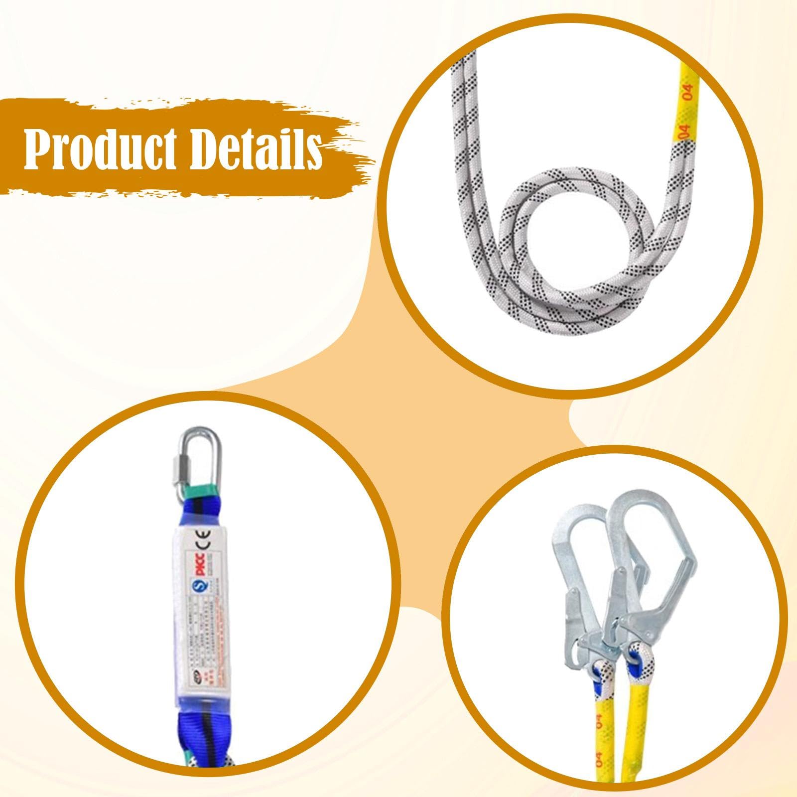 Harilla Cordón de Seguridad con Cuerda para Cinturón de Trabajo, Herramienta de Protección para Hombres Y Mujeres con Mosquetón para Arboristas, Espeleólogos, Paquete de Búfer de Doble Gancho