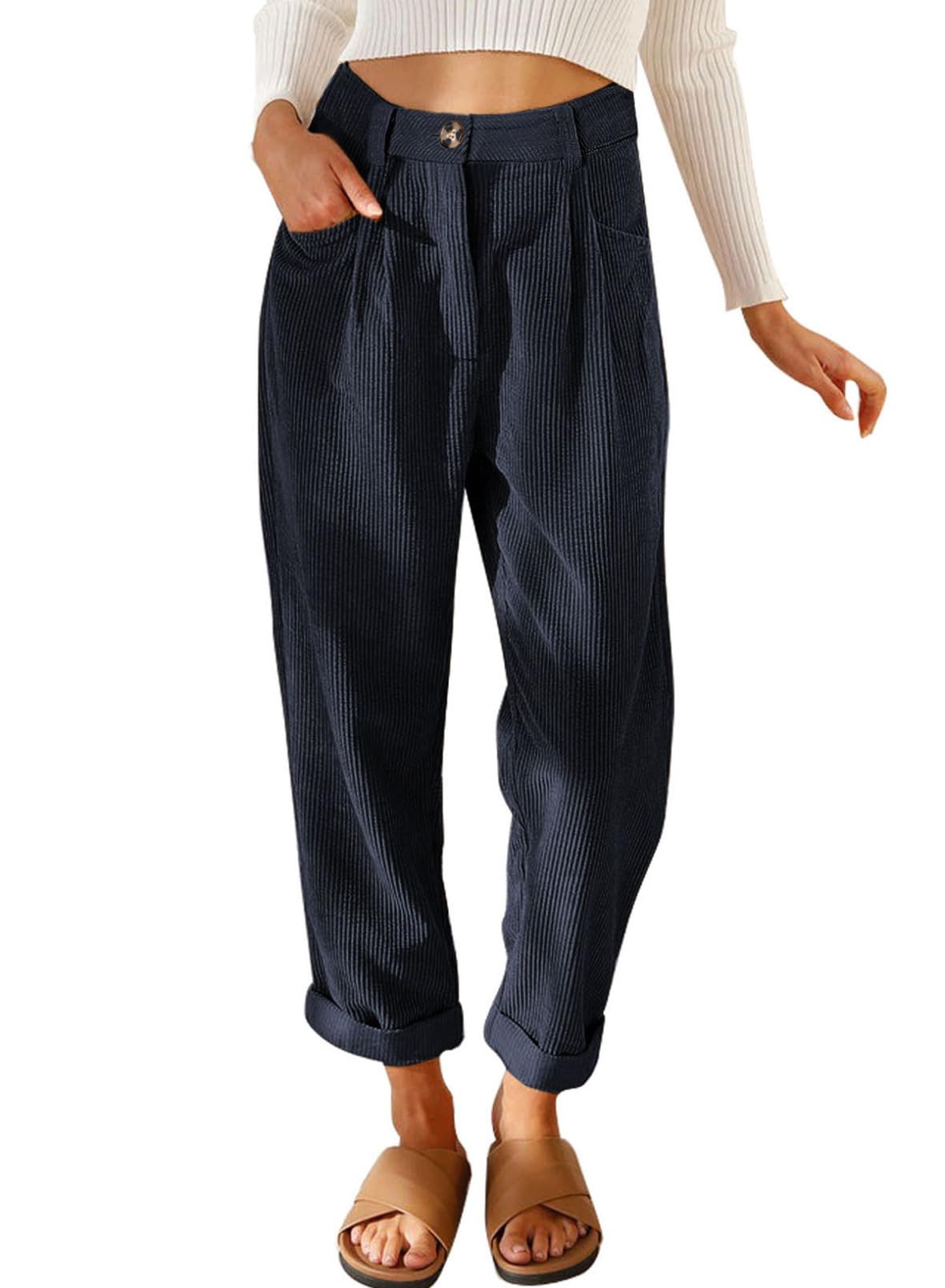Photo 1 of Acelitt Women's Corduroy Pants Trousers High Waisted Casual 2025 Trendy Comfy Fall Straight Leg Cropped Pants Blue Large