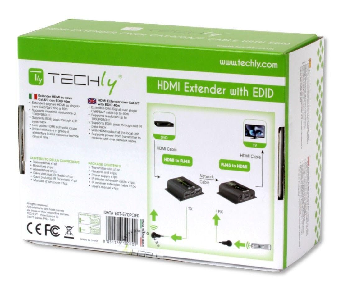 Techly 100709 Amplificatore Extender HDMI Full HD 3D Poe su Cavo Cat.6/6A/7 40m con EDID ed IR Nero