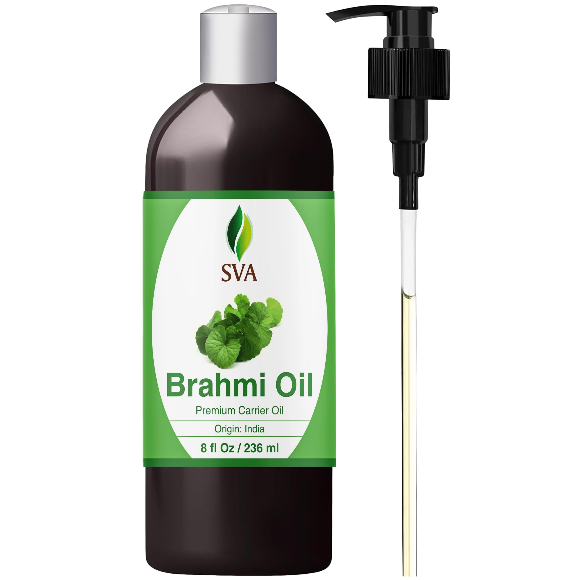 Brahmi Oil - 8 Fl Oz – 100% Natural Cold Pressed Brahmi Oil - for Face, Skin Care, Hair Care, Scalp Massage & Body Massage – Carrier Oil with Pump
