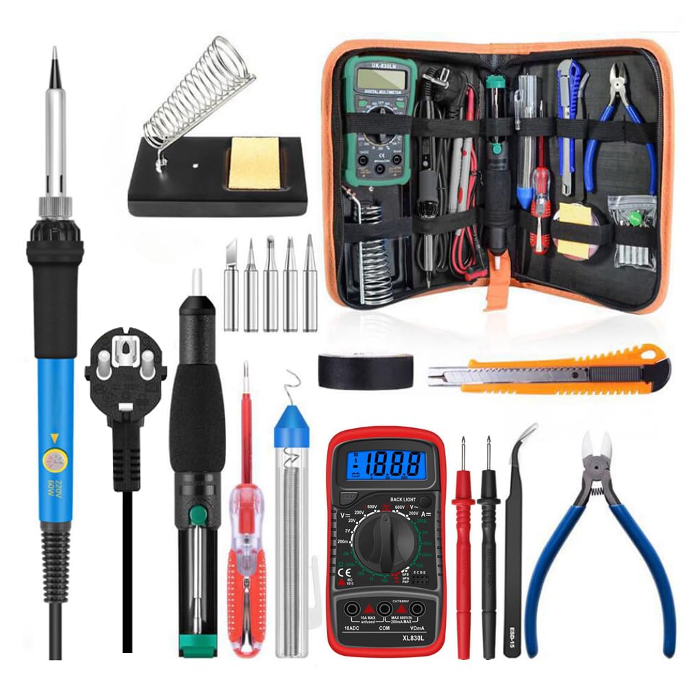 Kit del Soldador, 60W 220V Soldadores Electrico con Temperatura Ajustable, Multímetro Digital, Bomba de soldadura, Pinzas Antiestáticas,Destornilladores,Alambre de Soldadura