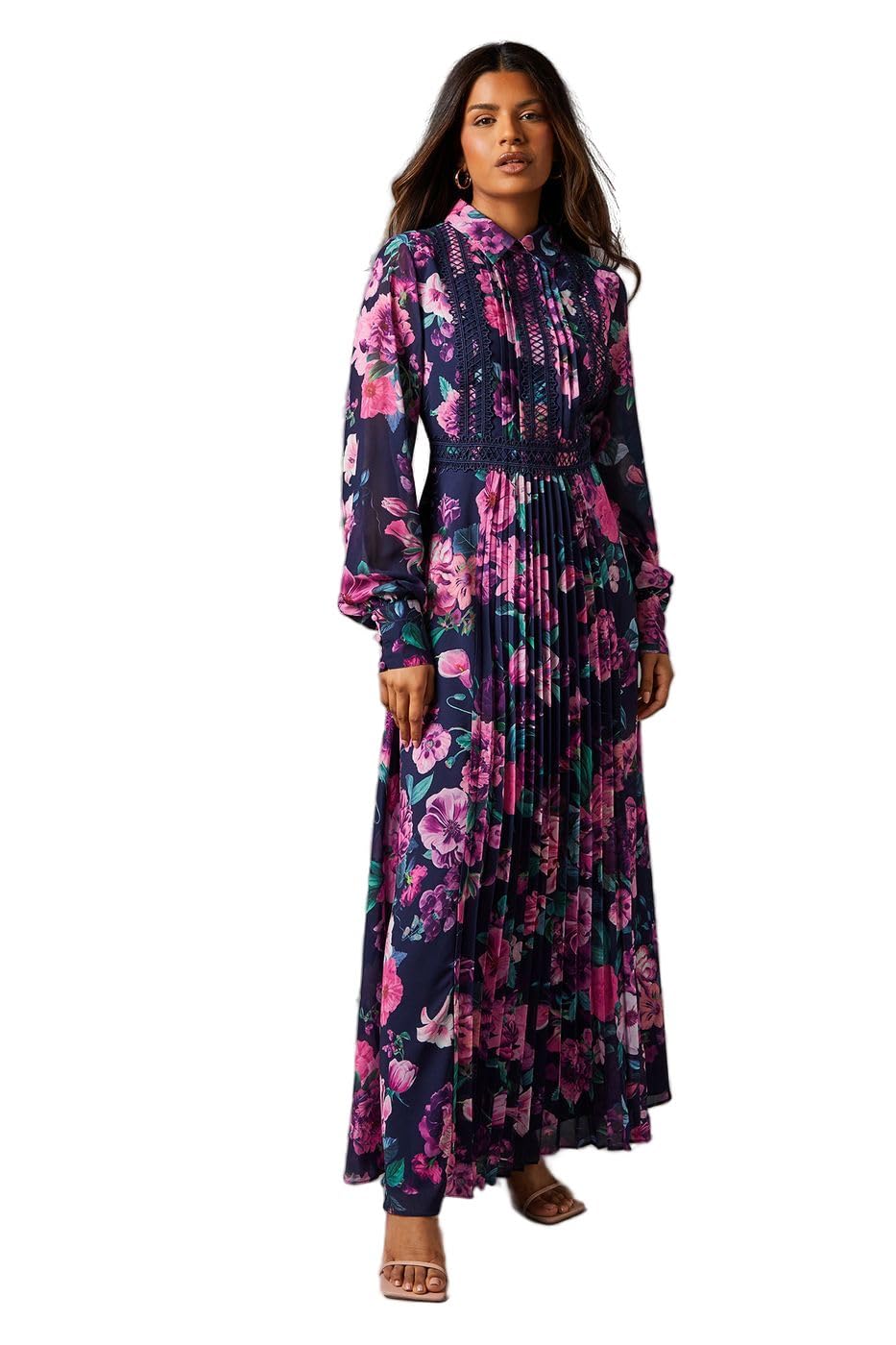 Coast Petite Print Pleated Lace Trim Midi Dress, 16, Navy