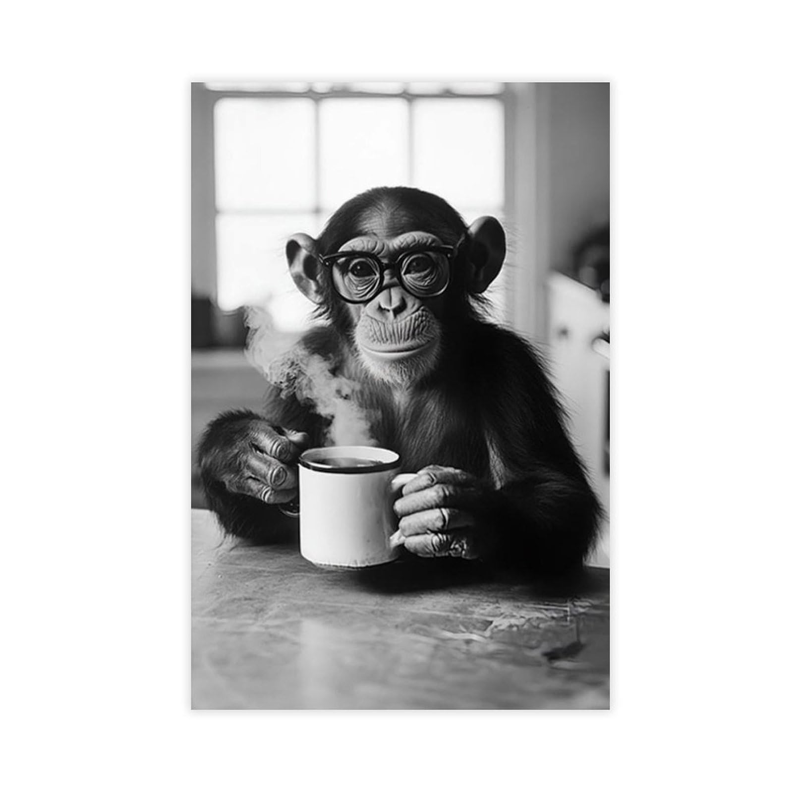 BNCEDJK Monkey Drinking Coffee & Wearing Glasse Canvas Poster Bedroom Decor Landscape Decor Gift 16x24inch(40x60cm)