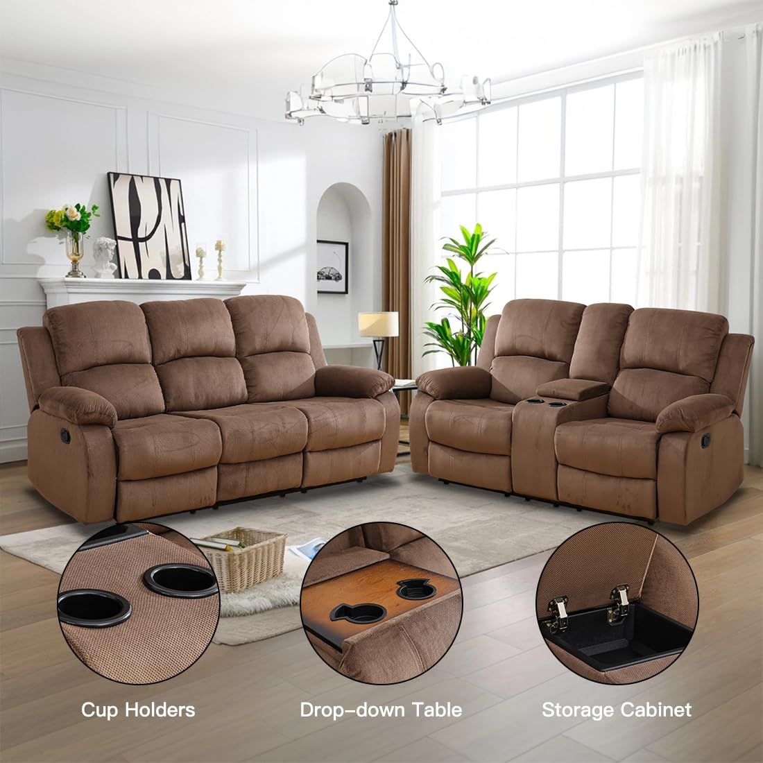 Toseslo Living Room Furniture Sets, Manual Reclining Sofa and Lovseat Set with Drop-Down Table, Corduroy Recliner Couch Sets, Recliner Sofa with Storage Console/Cup Holder for Home/Apartment(Brown) view 3