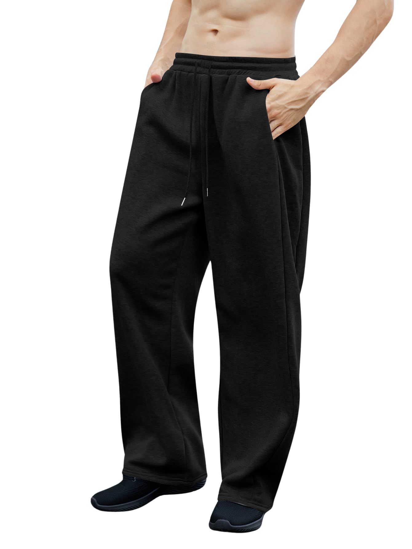 OYOANGLE Men's Drawstring Waist Straight Wide Leg Baggy Pants Workout Athletic Sweatpants with Pocket