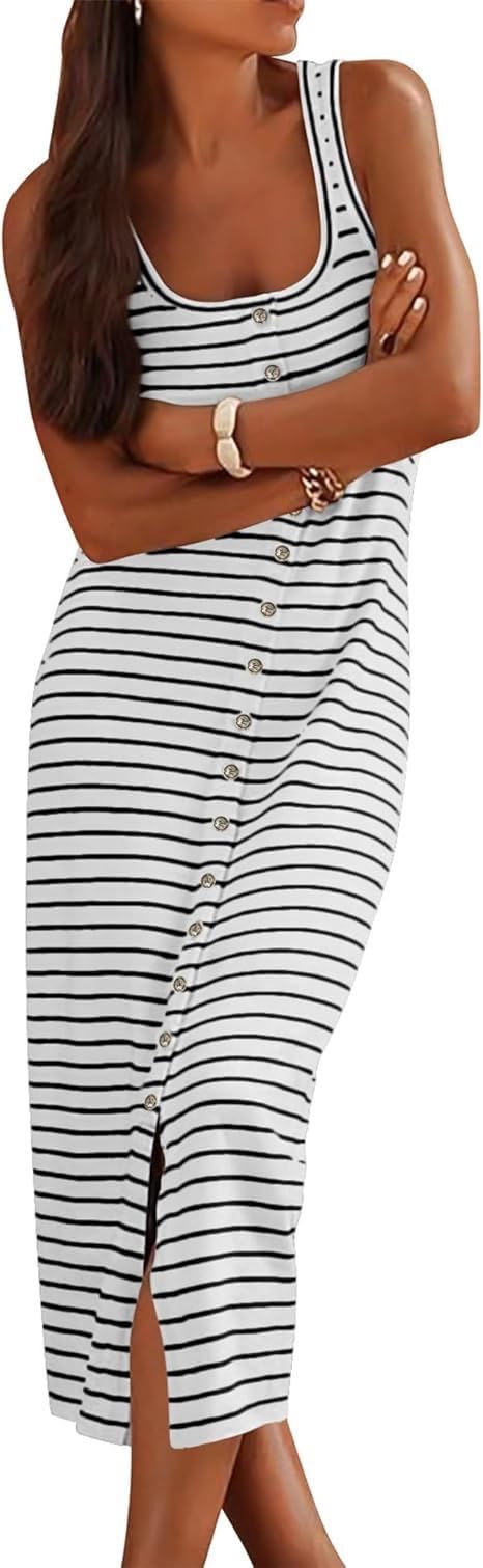Vestido Camisero con Botones y Estampado a Rayas para Mujer, Vestido Sexy con Cuello en U, sin Mangas, Bohemio, Largo, sin Mangas, para Fiesta y Playa, Primavera 2024