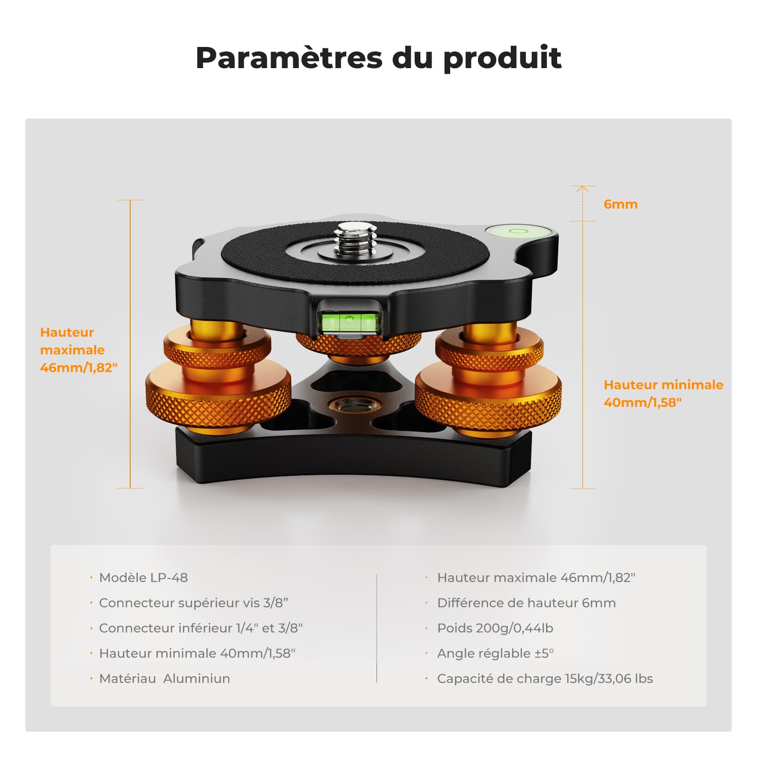 K&F Concept Trépied Niveleur à Trois Roues, Réglage Base de Nivellement LP‑48, Niveau à Bulle de Niveleur Aluminium pour Appareil Photo Canon, Nikon et Sony DSLR, Rotule