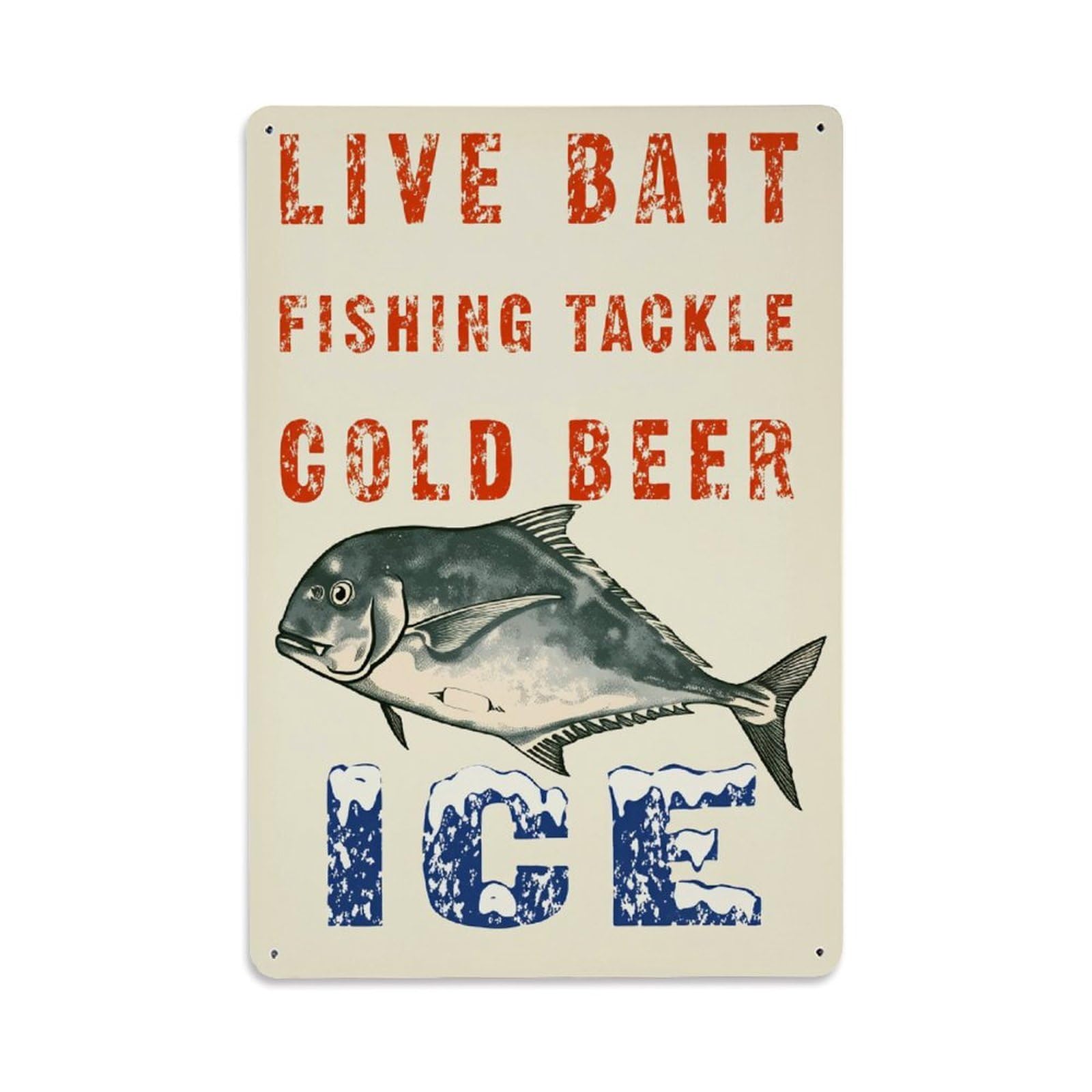 Live Bait Fishing Tackle Cold Beer Ice Vintage Tin Sign Retro Metal Wall Decor Metal Poster, Home Bar Garage Farmhouse Cafe Wall Art Decoration 8x12Inches