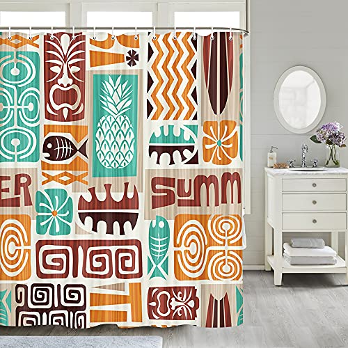 Colorful Hawaii Exotic Shower Curtain Tiki Pattern Art, Hawaiian Polynesian Abstract Ethnic Decor Shower Curtain Sets For Bathroom With 12Pcs Hooks Polyester Fabric Bathroom Accessories, 70X70In #TOP14