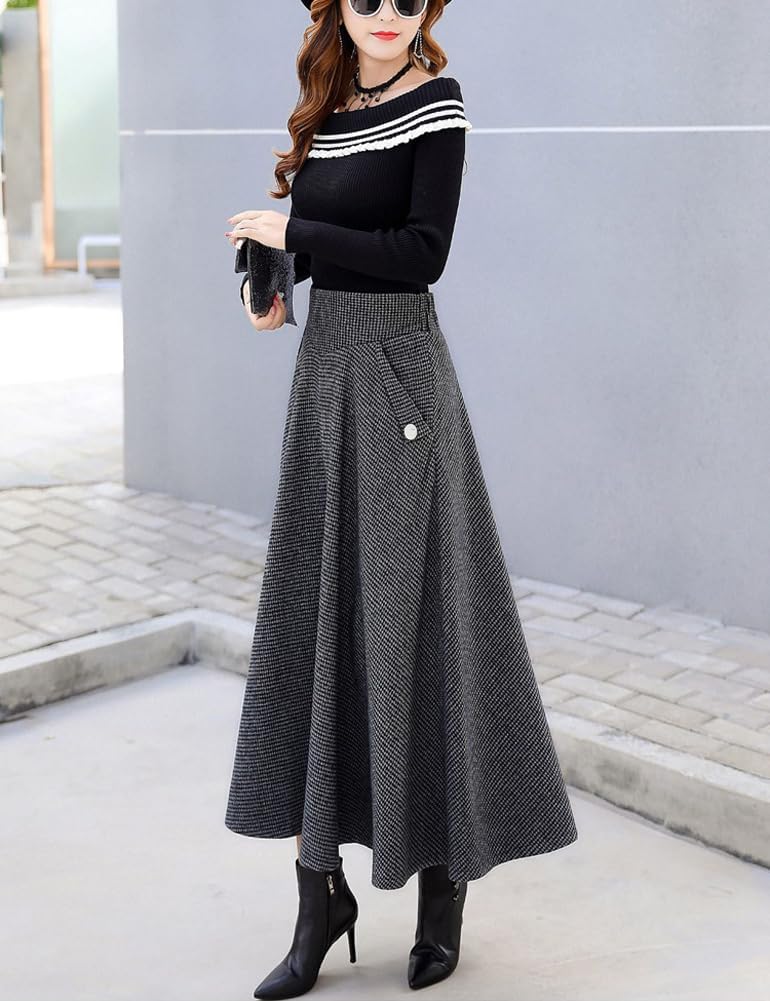 chouyatou Women's Elegant Houndstooth Plaid A Line Pleated Swing Midi Long Wool Skirt with Pockets - Image 2