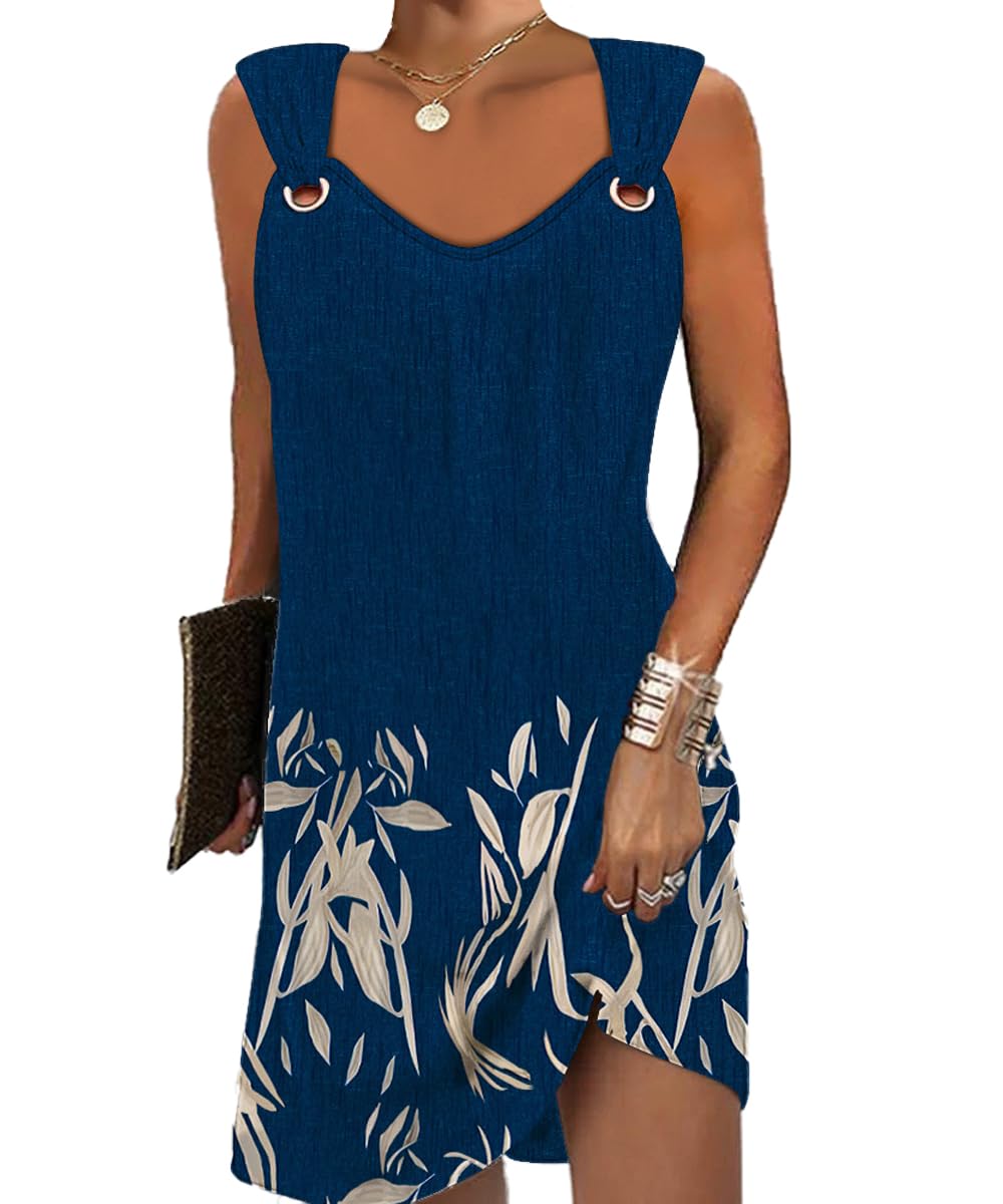 Yeenily Vestidos Mujer Verano Cuello en V Sin Mangas Vestido de Playa Elegante Moda Vestidos Color Sólido Casual Suelto Camisolas