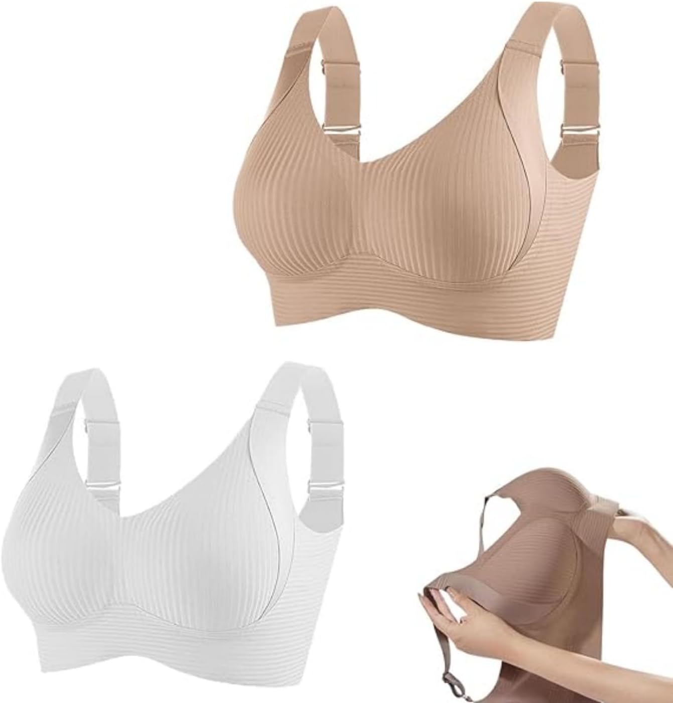 Damens Push-Up BH Ohne Bügel - Rippstoff Mit 4-fach Verschluss | Beige, Schwarz, Weiß, Teal