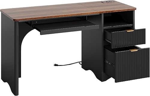 Miniatura 9 de Bestier - Escritorio para computadora con bandeja para teclado, escritorio de oficina de 55 pulgadas con toma de corriente, escritorio moderno para