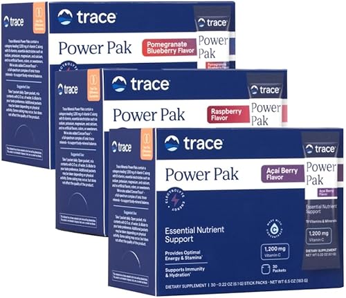 Trace Minerals Power Pak - Paquetes multivitamínicos y multiminerales - Soporte de electrolitos - 1200 mg de vitamina C más 70 frambuesas, bayas de