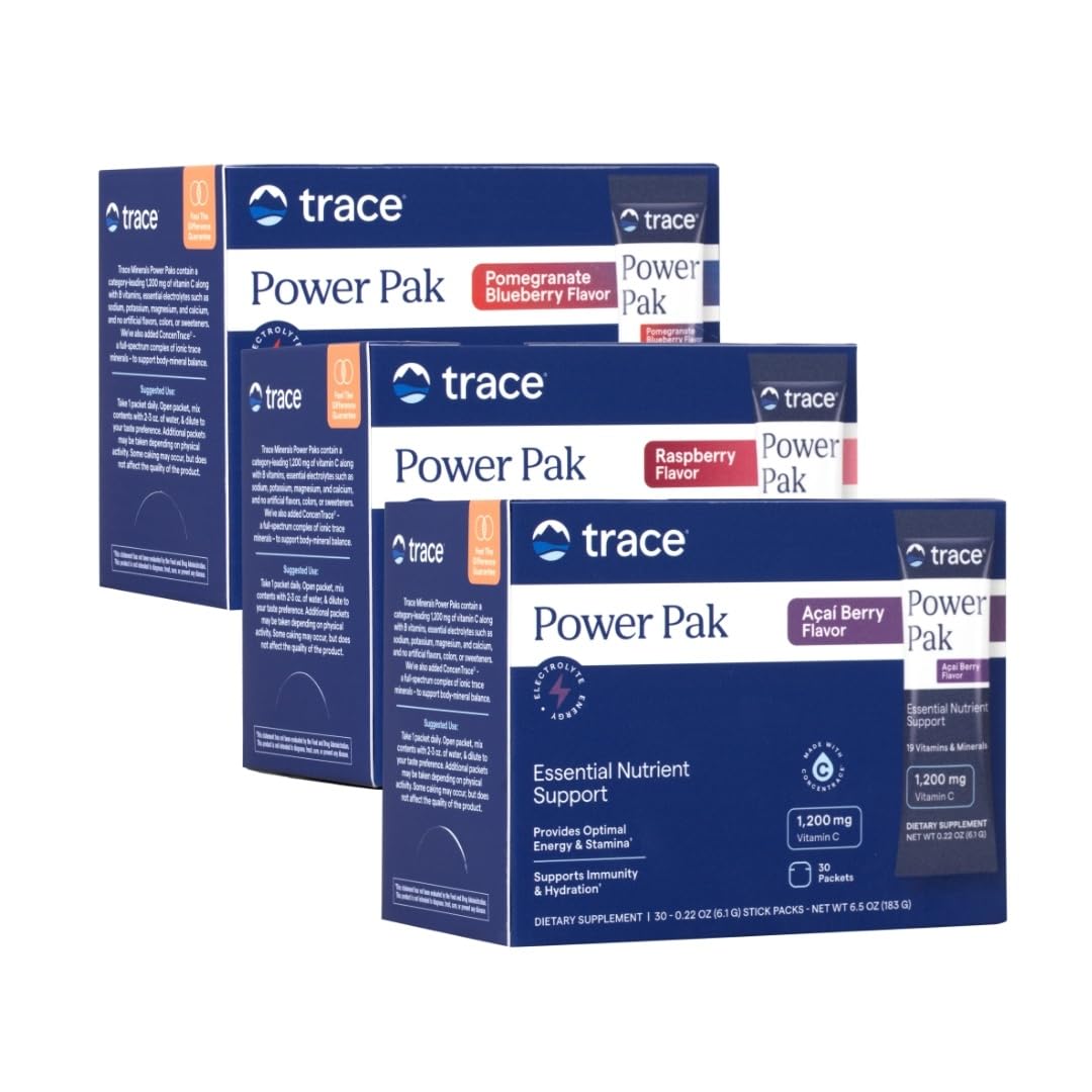 Trace Minerals Power Pak Multivitamin and Multimineral Packets - Electrolyte Support - 1200 mg Vitamin C plus 70+ Trace Minerals - Raspberry, Acai Berry and Blueberry Pomegranate Variety - 90 Packets