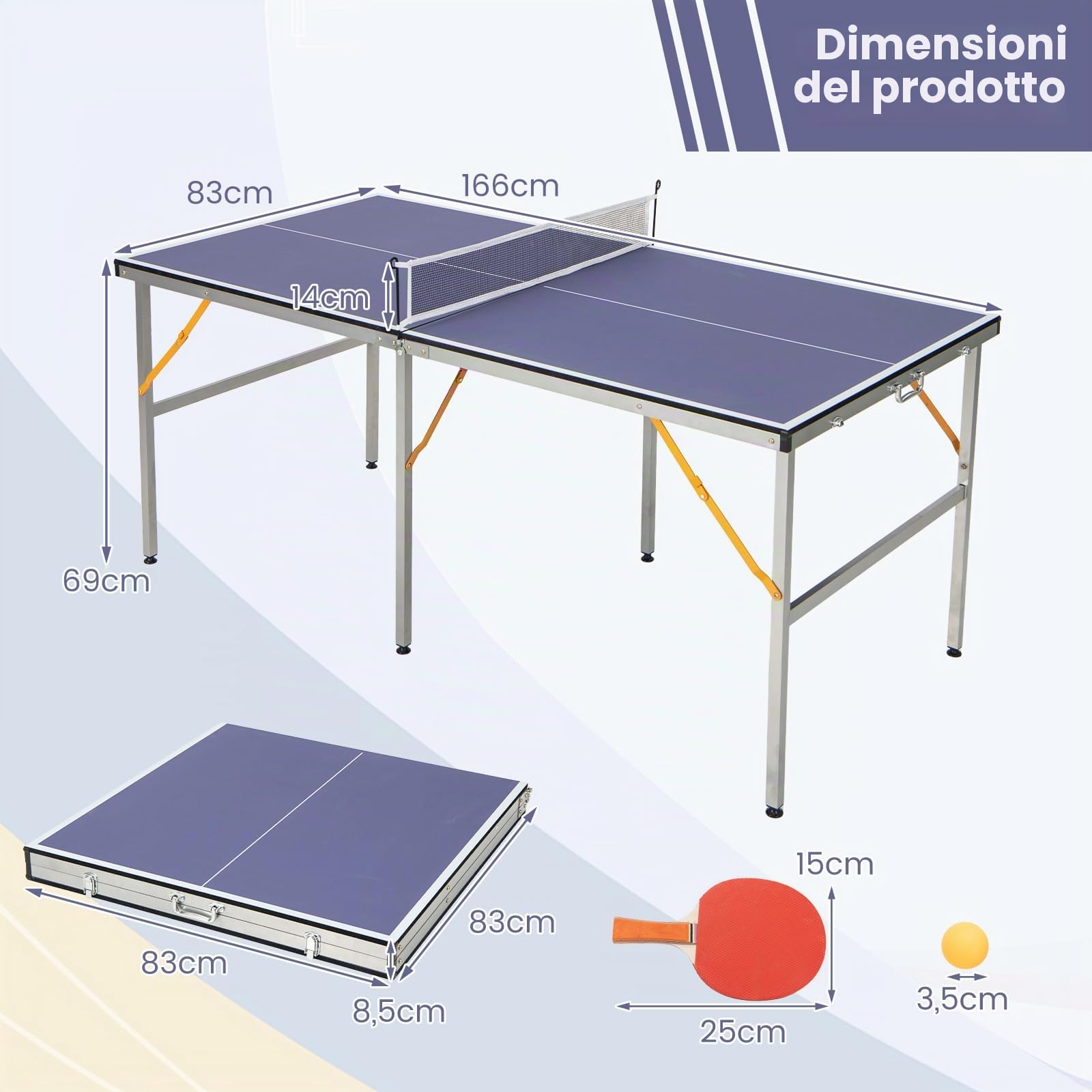 GOPLUS Tavolo da ping-pong pieghevole, tavolo con 1 rete, 2 racchette, 3 palle, manico portatile, tavolo da ping pong per interni ed esterni, 180 x 90 x 76 cm, blu