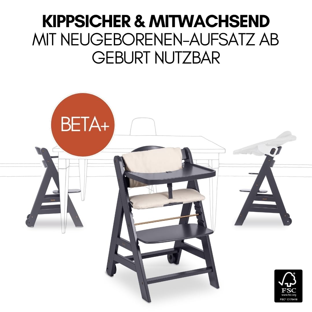 Hauck Beta+ Hochstuhl Newborn Set mit Deluxe Bouncer Dark Grey Mitwachsender Holz Kinderhochstuhl bis 90 kg