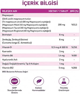 TAKECARE 30 Tablets Containing 4xMagnesium, Vitamin D, Vitamin B6 and B12, Unmodified Type 2 Collagen, Quercetin, Turmeric Extract and Bromelain