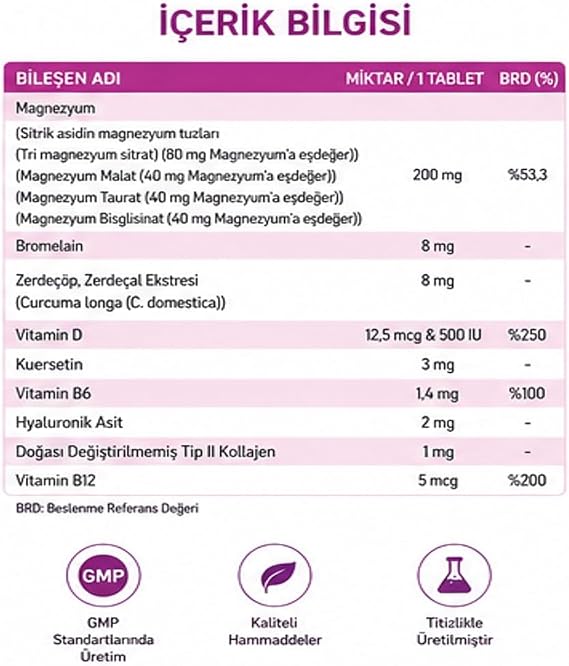 TAKECARE 30 Tablets Containing 4xMagnesium, Vitamin D, Vitamin B6 and B12, Unmodified Type 2 Collagen, Quercetin, Turmeric Extract and Bromelain