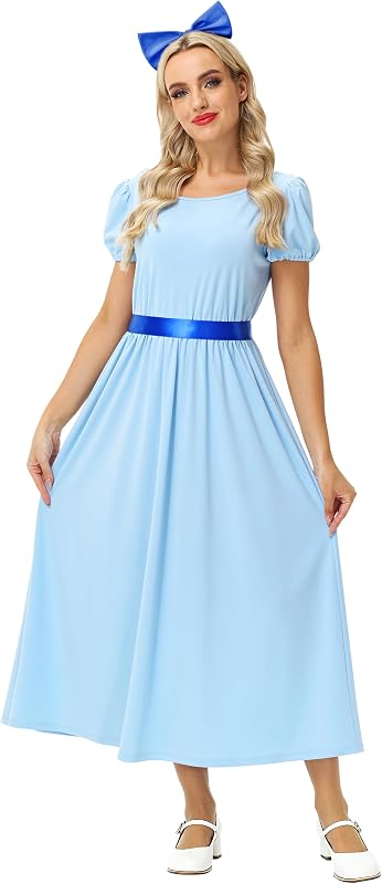 AOBUTE Women Halloween Princess Costume Puff Sleeve Blue Maxi Dress with Belt