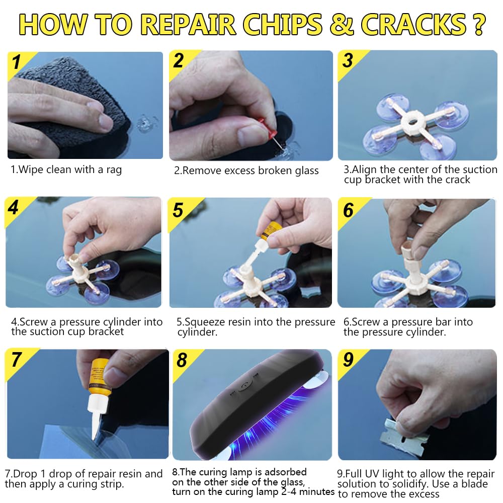 Windshield Repair Kit, Car Windshield Crack Repair for Chips & Cracks, Glass Repair Fluid with Vacuum Pressure Syringes, Car Windshield Chip Repair Kit Quick Fix for Chips, Cracks(Yellow) — view 5
