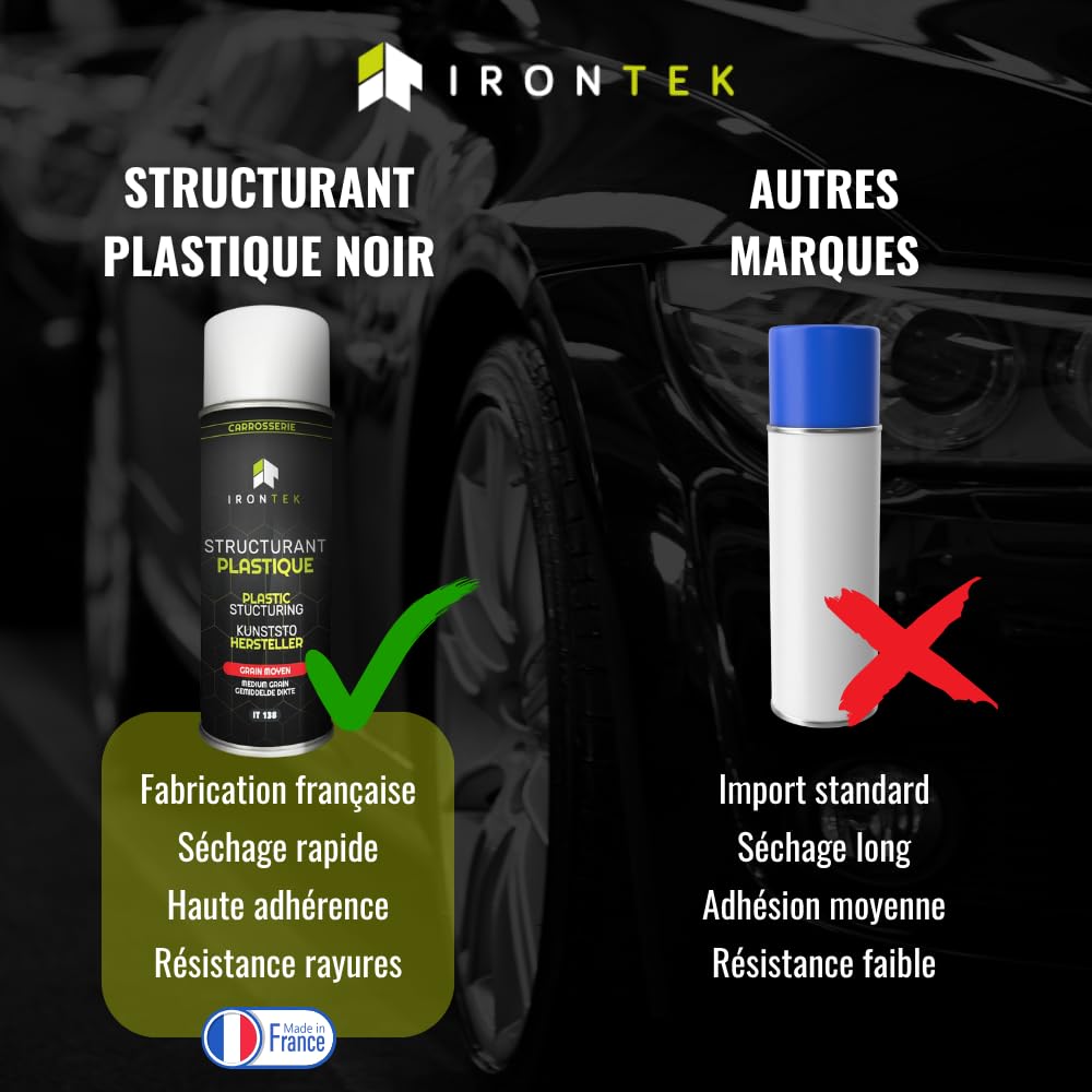 Rénovation Pare-Chocs 500ml - IRONTEK | IT138 | Restructurant Plastique Grain Moyen | Forte Adhérence | Haut Pouvoir Couvrant | Formule Professionnelle Carrossier