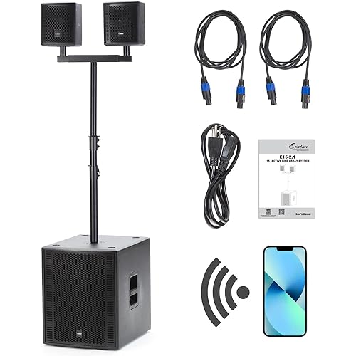 EXOTON Line Array Column PA Speaker, 2200W Professional and Compact Sound System,1x15'' Subwoofer, 2x6.5 Full Range Drivers, Built-in Amplifier, 5 Band DSP Presets(Wood Subwoofer)
