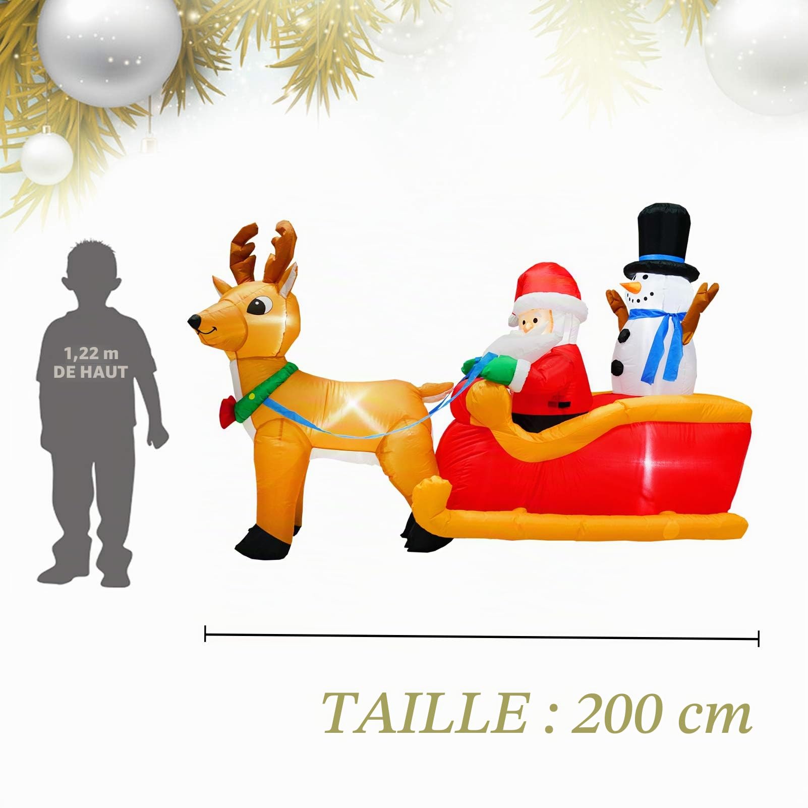 Père Noël Gonflable de 2 m de Long - Cadeau de Noël avec Bonhomme de Neige - pour décoration de Noël