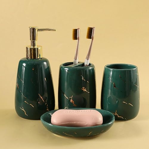 Miniatura 7 de Juego de 4 accesorios de baño, juego de baño de mármol negro y dorado para encimera, baño, decoración de apartamentos, regalo de cerámica para