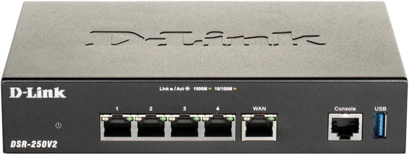 Gigabit VPN Router —Perfect for Remote and Hybrid Work —4 Port Gigabit Dual WAN Failover —Enterprise-Grade Encryption —Follows TAA/NDAA—Limited Lifetime Protection (DSR-250V2)