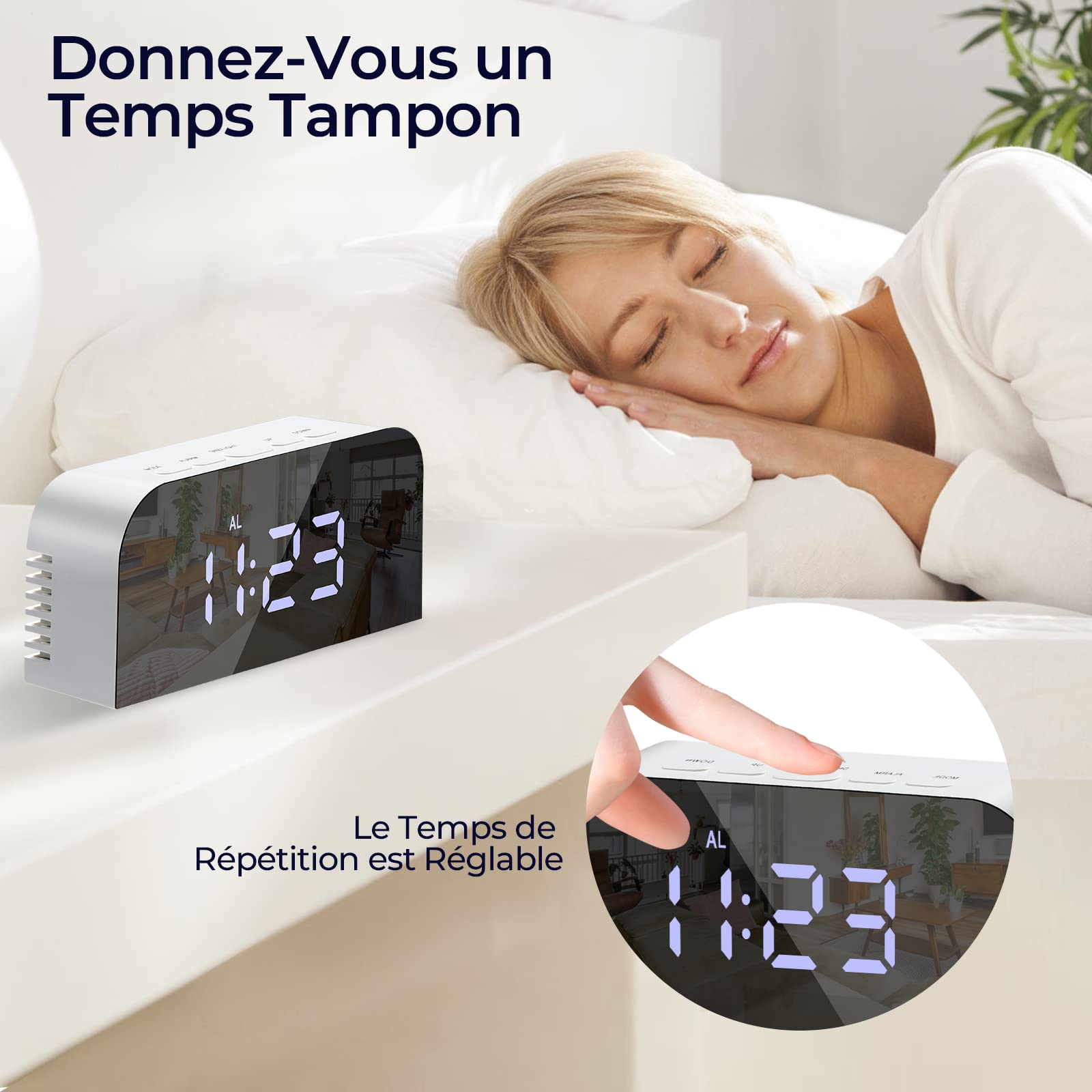 Vinabo Réveil Numérique Miroir LED Horloge Chevet