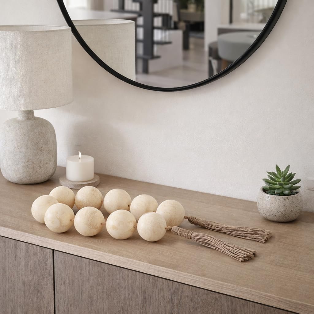 Rustic Swirled Resin Bead Garland for Home Decor and Bathroom - Sculpted Neutral Styling for Office, Room and Living Room - Oversized Display for Shelf and Coffee Table Layering Accent - 3", White