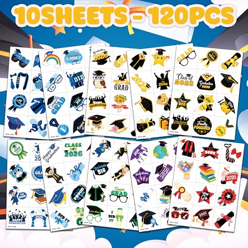 Image of 120 PCS Happy Graduation Grad Congrats Pre-Cut Temporary Tattoos for Kids | | Super Cute Themed Birthday Party Favors, Supplies, Decorations, Fake Tattoo Stickers, School Rewards & Gifts Boys & Girls
