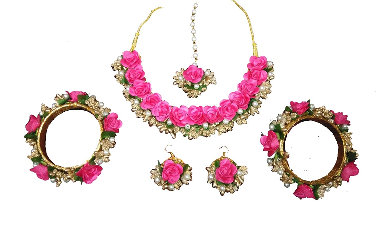 SpaceinCart Handmade Store Rani Pink flower jewellery Set- Necklace, Earings, Mangtika, Bangles for Girls/Women (Haldi/Mehandi/Bridal/Wedding/Baby shower)(Style1)