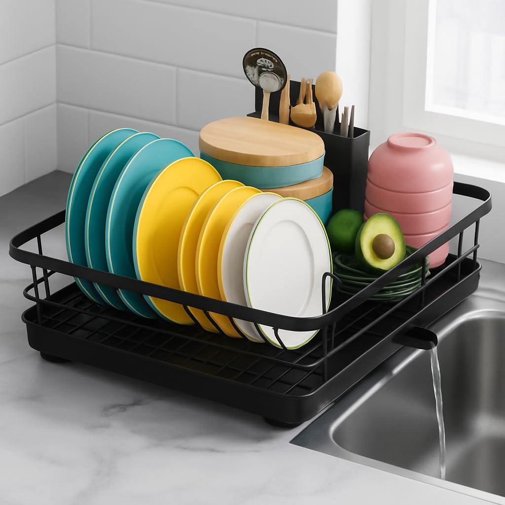 ZROY ENTERPRISE Black Dish Drainer Rack with Drip Tray, Stainless Steel Draining Dish Rack Drainer with Draining Board and Utensils Holder (New Black Rack)