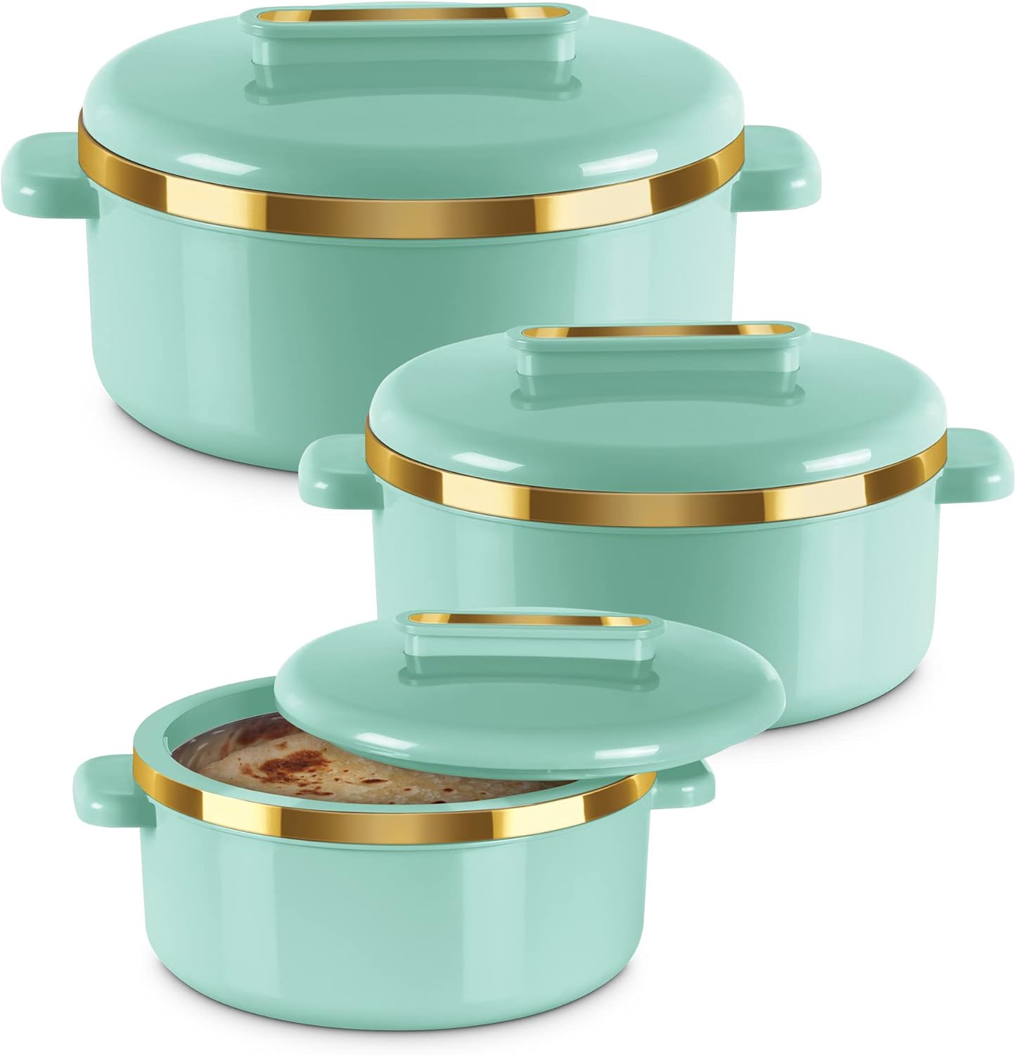 Milton Curve Regular Inner Stainless Steel Casserole Set of 3 (840 ml, 1300 ml, 1880 ml), Light Green | BPA Free | Food Grade | Easy to Carry | Easy to Store | Chapati | Roti | Curd Maker