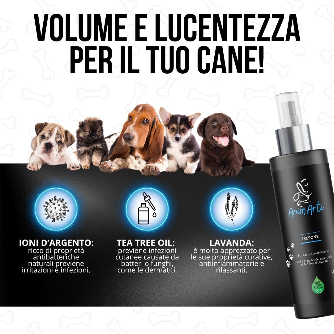 AnimArtì Spray Sciogli Nodi Districante Pelo Cane - Lozione Districante e Volumizzante 98% Origine Vegetale - Ioni D'Argento e Oli Essenziali di Tea Tree e Lavanda - Made in Italy - Formato 200ml