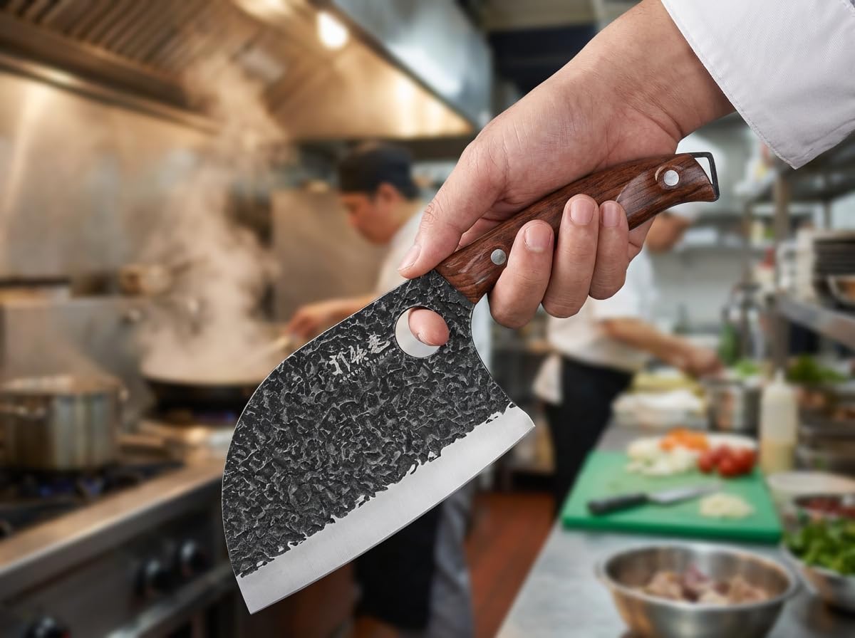 3PCS Butcher Knife Set, 7" Butcher Meat Cleaver, 7" Serbian Chef Knife and 6.5" Viking Knife, Hand Forged Kitchen Knife Set with Plastic Handle, Geat for Home, Camping, BBQ (Unique Finger Hole Design) — Amazon image 4