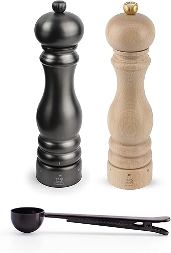 Peugeot Paris Chef Carbone u'Select - Molinillo de pimienta de acero inoxidable de 8.7in con acabado de carbono con molinillo de sal de madera