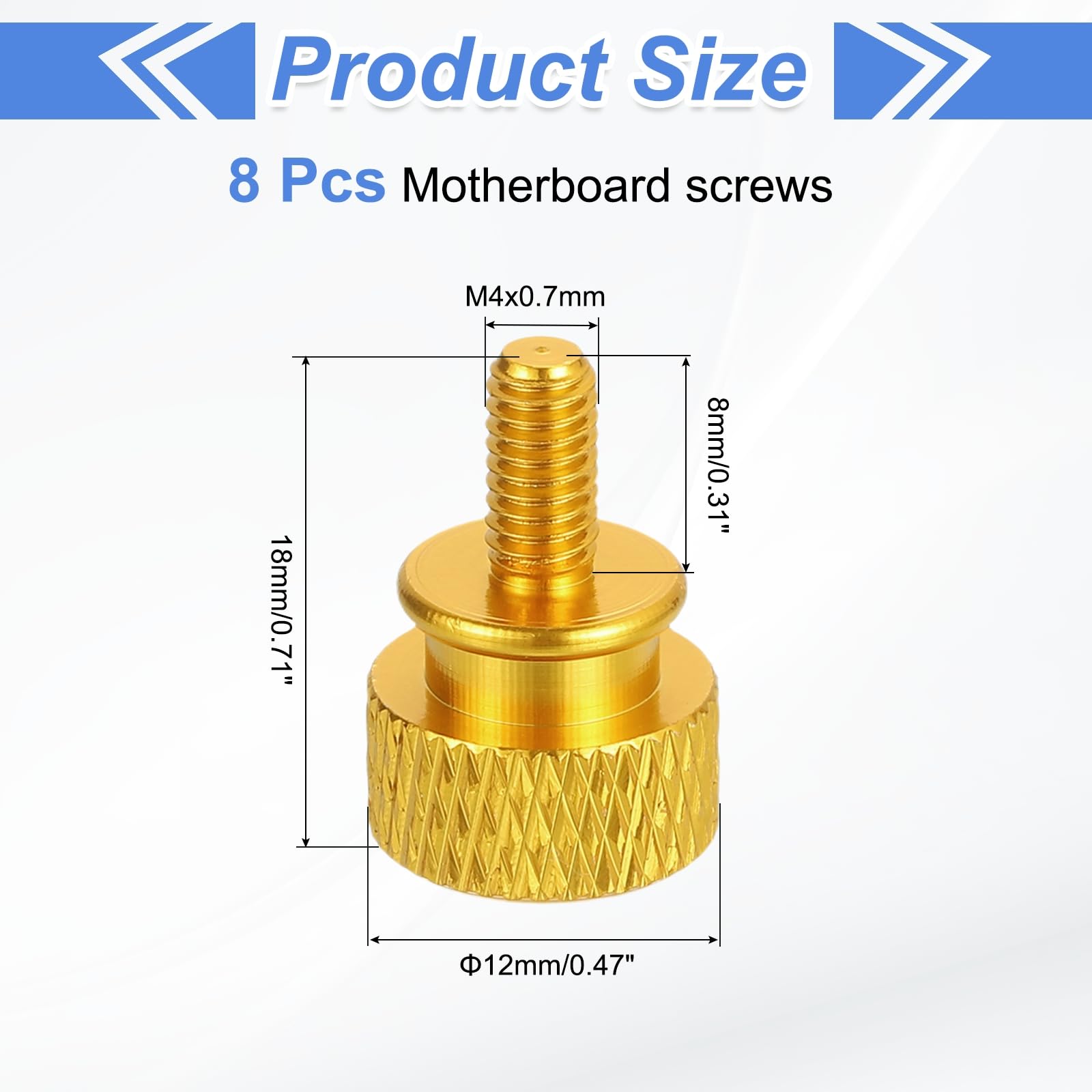 MECCANIXITY 8Pcs M4x0.7mm Aluminum Thumb Screws, 12x18mm(ODxH) Computer Case Thumb Screws for PC Side Panel Motherboard Mounting Screw, Gold