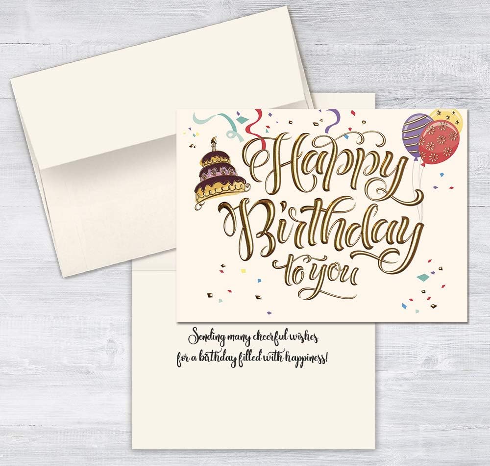 25 Premium Birthday Cards - Elegant Cake & Balloons Design with Gold Foil Embossing on Matte Vanilla Paper - 26 Vanilla Envelopes - FSC Mix
