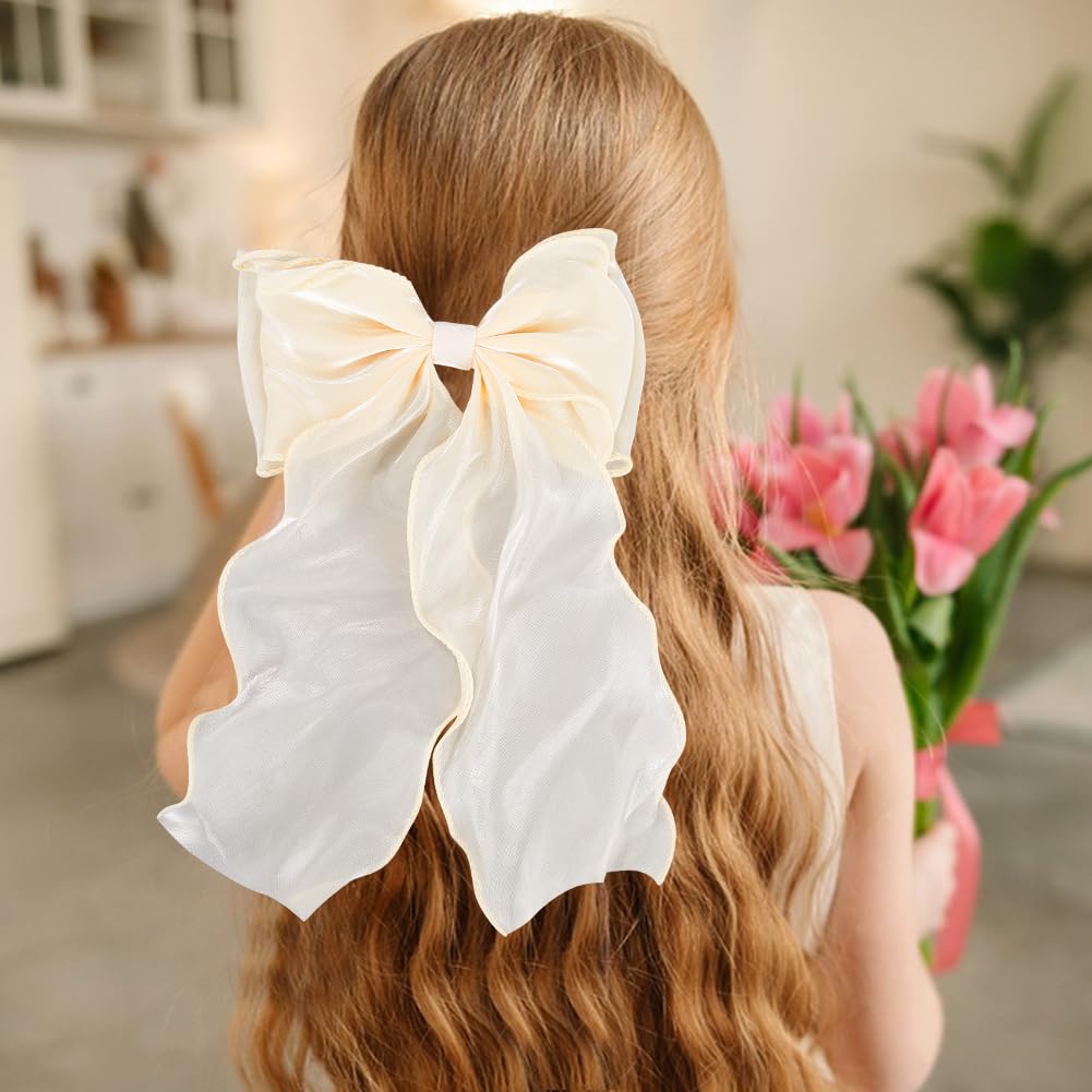 CRASPIRE Bow Hair Barrette Organza Big Bowknot Hair Clip French Platinum Plated Alloy Hairpin Hair Accessory Champagne Gold with Long Ribbon for Women Girls Wedding Party Decoration - Image 4