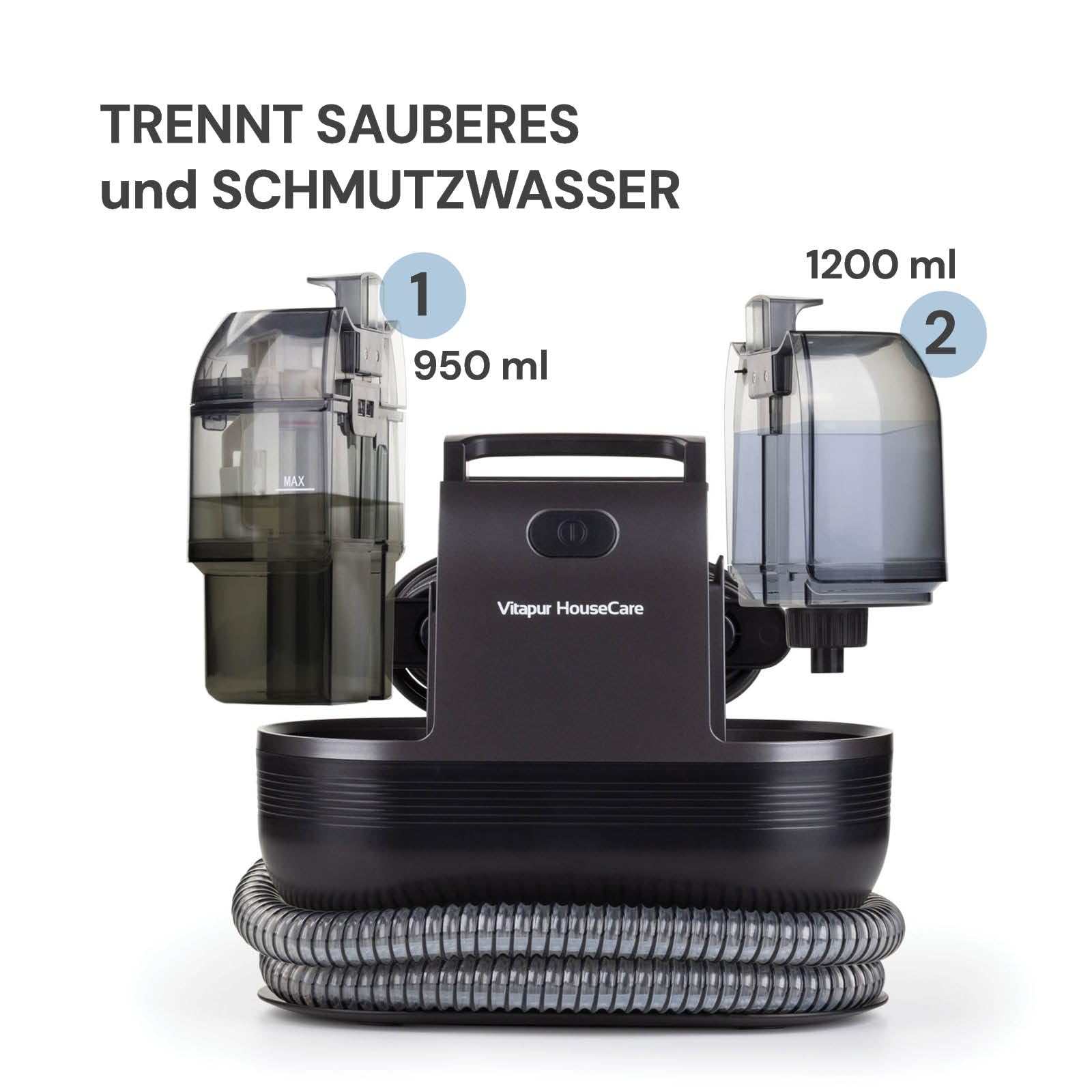 Tiefenreiniger Vitapur PRO - 350W-Motor, HEPA-Filter, duale Tanks für sauberes&schmutziges Wasser, vielseitige Aufsätze für die gründliche Reinigung von Teppichen, Polstern&Autositzen