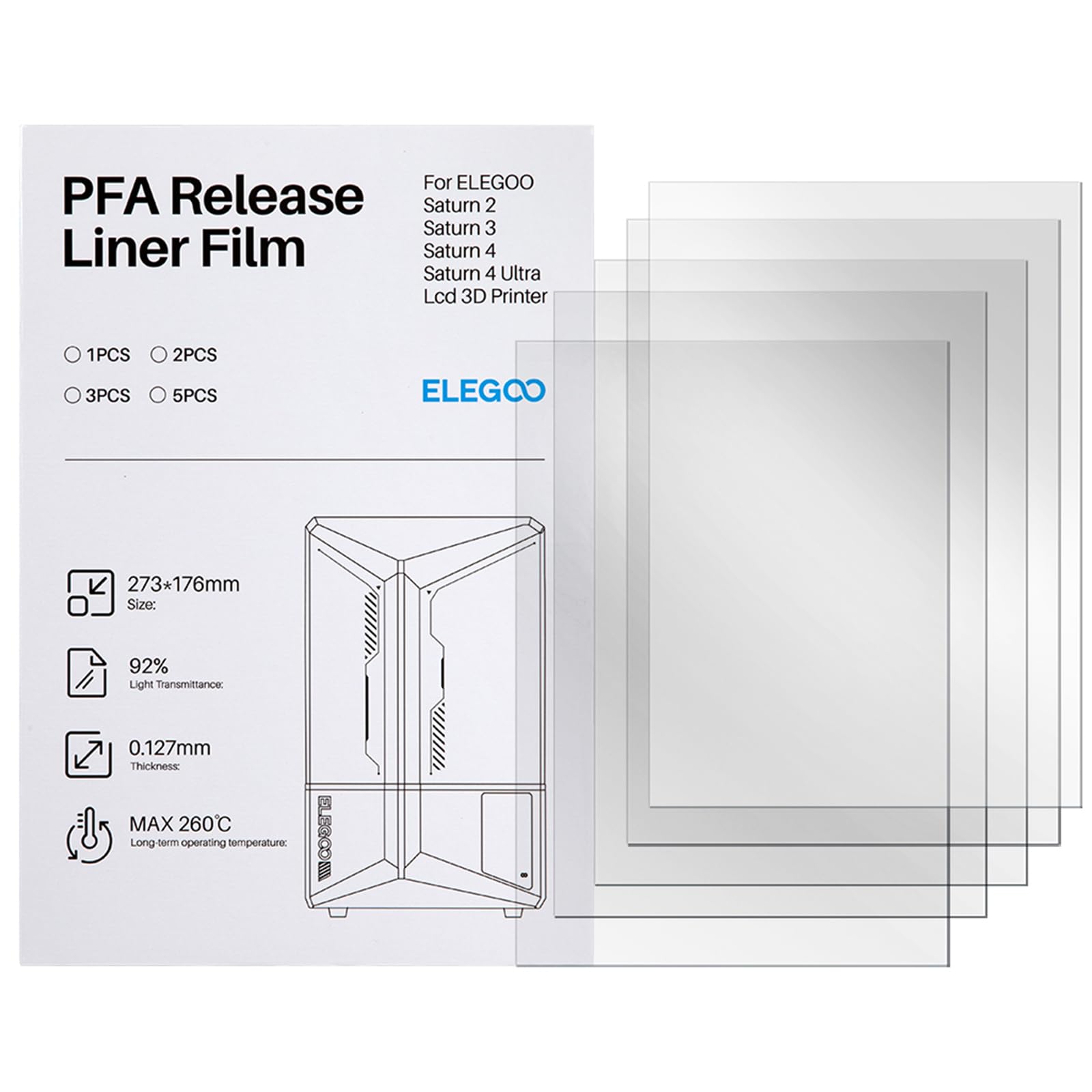 ELEGOO Lot de 5 Films PFA pour Imprimante 3D Saturn 2, 3, 4, 4 Ultra, 4 Ultra 16K, 273x176x0,127 mm
