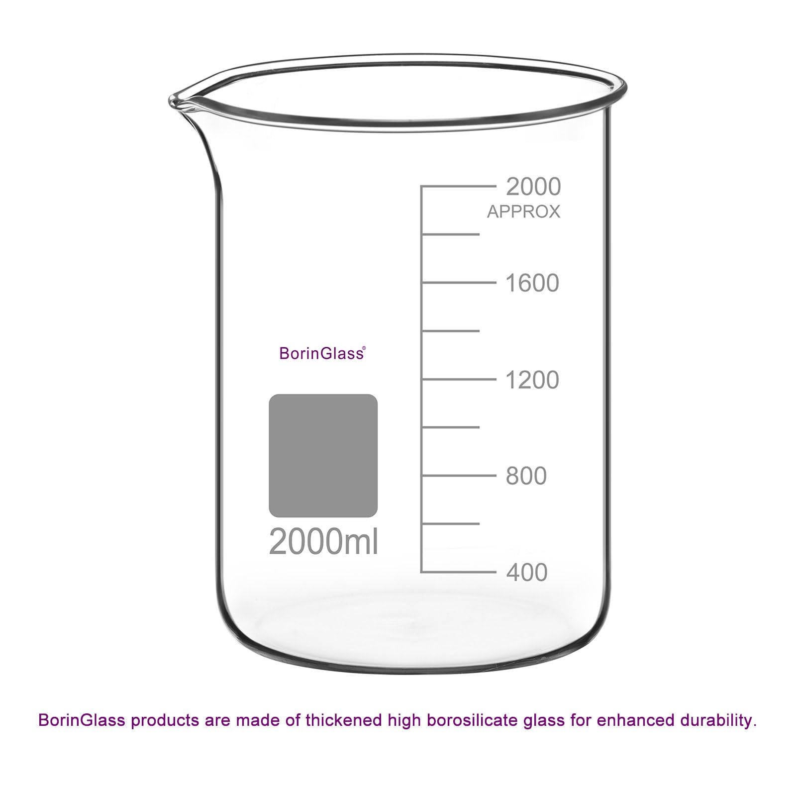 BorinGlass Borosilikatglas-becherglas 2000 Ml, Niedrigform Griffin Graduierter Messbecher mit Tropffreiem Ausguss für Präzises Ausgießen Und Mischen Bei Laborversuchen
